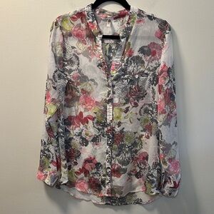 KUT from the Kloth White Floral Sheer Button Front Long Sleeve Blouse Sz L